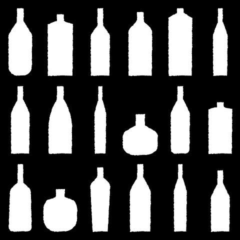 Outline of 18 differently shaped liquor bottles.