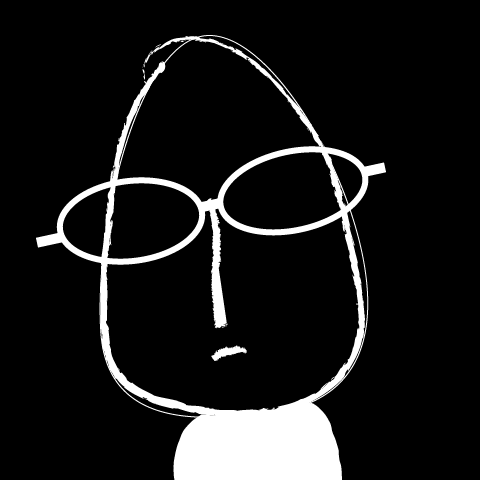 Outline of a bald designer wearing eccentric oval glasses and a turtleneck.