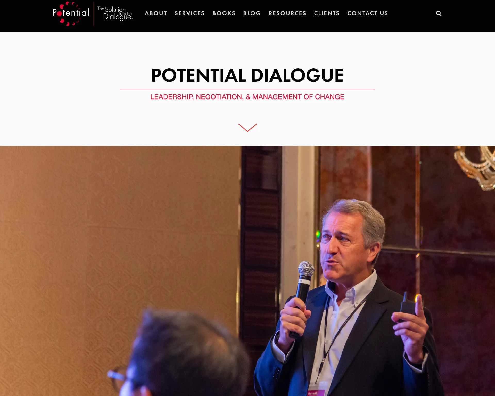 Potential Dialogue Home Page showing Peter Nixon speaking at a conference.