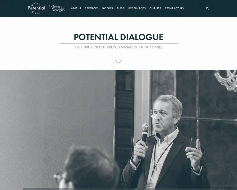 Potential Dialogue Home Page showing Peter Nixon speaking at a conference.