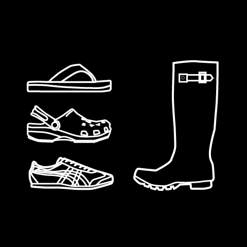 Outlines of a sandal, crocs, and sneaker facing a wellington boot.