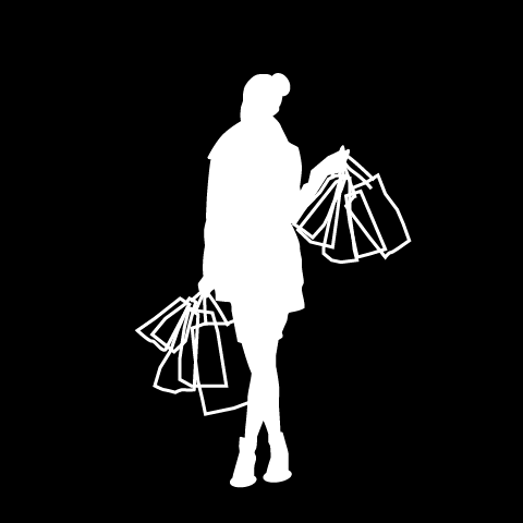 Outline of a woman holding a lot of shopping bags.