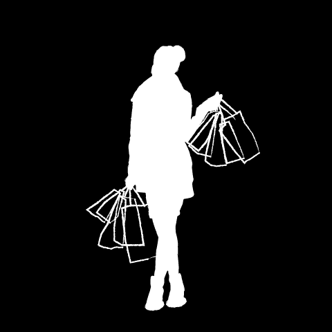 Outline of a woman holding a lot of shopping bags.