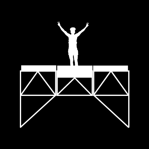 Man jumping on suspension truss.