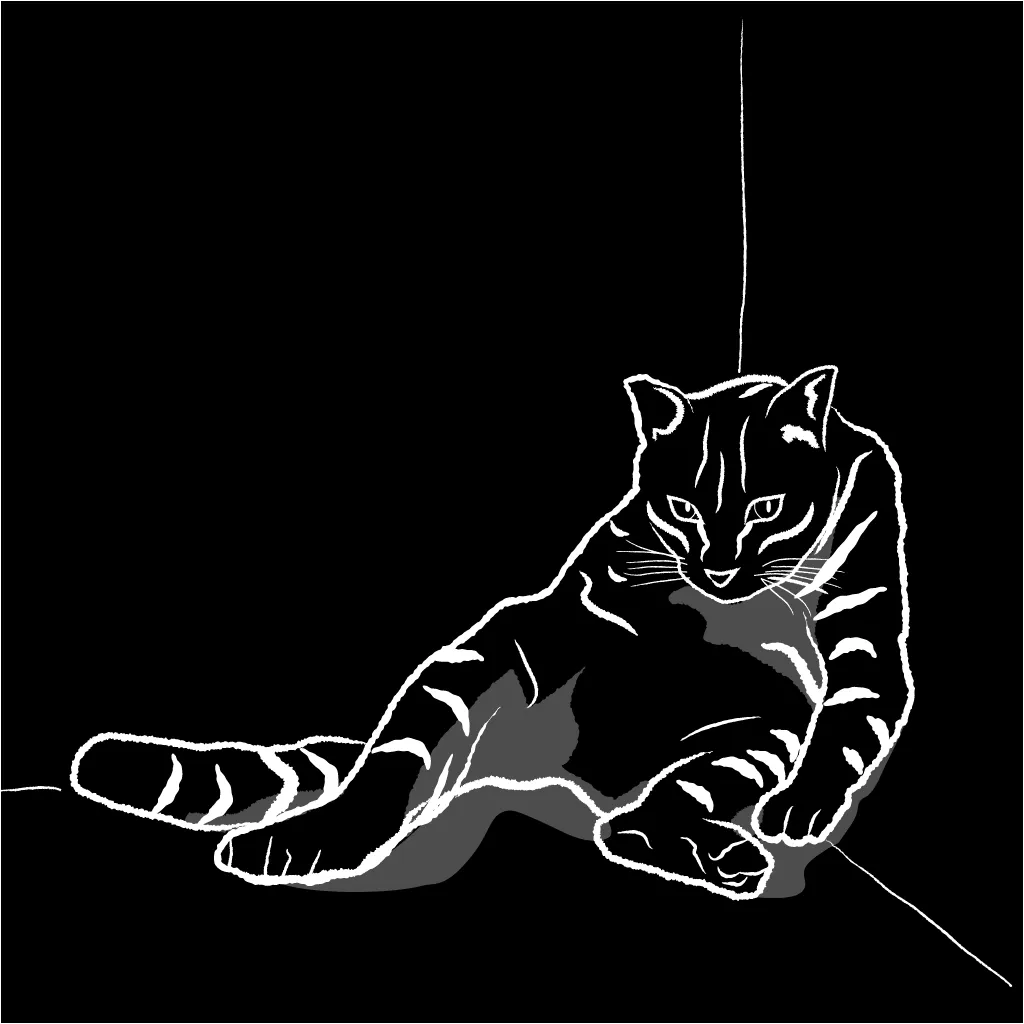 Line drawing of a tired cat resting in a corner.